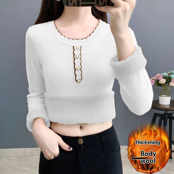Fleece-Lined Round Neck Sweater in Various Colors - Women's Autumn & Winter Fashion