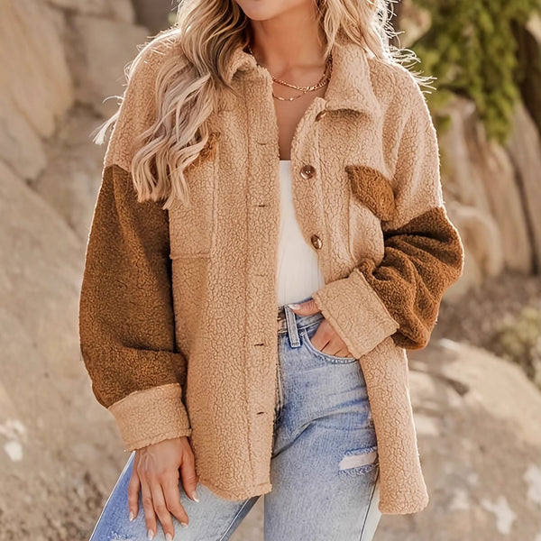 Elegant Women's Camel Lamb Wool Winter Coat, Mid-Length Loose Style, Contrast Color, Warm and Stylish