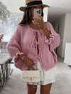 Chic Women's 3/4 Sleeve Cardigan Sweater in Pink, Yellow, Gray - Lace-up Detailing, Polyester Fabric - Casual/Formal Wear - S-XL Size