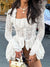 Elegant White Lace Bell Sleeve Top for Women - Romantic Square-Neck Fashion with Delicate Crocheted Flowers & Irregular Hem
