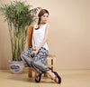 Women's Ethnic-Print Linen Bloomer Pants in Blue and White - Retro Style Cropped Pants - Female Straight-Cut Linen Bloomers