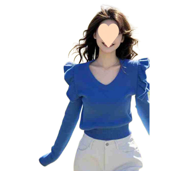 Cozy Atmosphere Ruffled Collar Sweater in Klein Blue, Flying Sleeves, Urban Chic, Stylish Winter Wear
