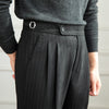 Vintage High-Waisted Striped Wool Pants - Napoli Style Gray-Black Straight-Leg - Comfortable Vintage Clothing - Available in Asian Sizes
