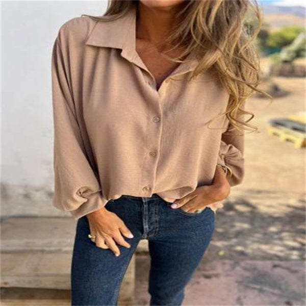 Button-Up Women's Top in Vibrant Colors, Lantern Sleeves, S-5XL Sizes, Polyester, Stylish and Comfortable