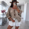 Chic 3/4 Sleeve Cardigan Sweater in Pink, Yellow, Gray, and more - Trendy Women's Clothing with Lace-Up Detail and Ruffled Sleeves