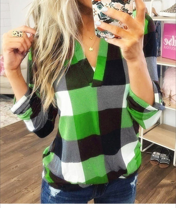 Women's Casual Plaid V-Neck Shirt, Long Sleeve in Multiple Sizes - Everyday Wear and Plus Size Clothing Option