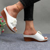 Floral Peep Toe Platform Wedge Sandals - White Khaki PU Rubber Sole - Women's Summer Footwear