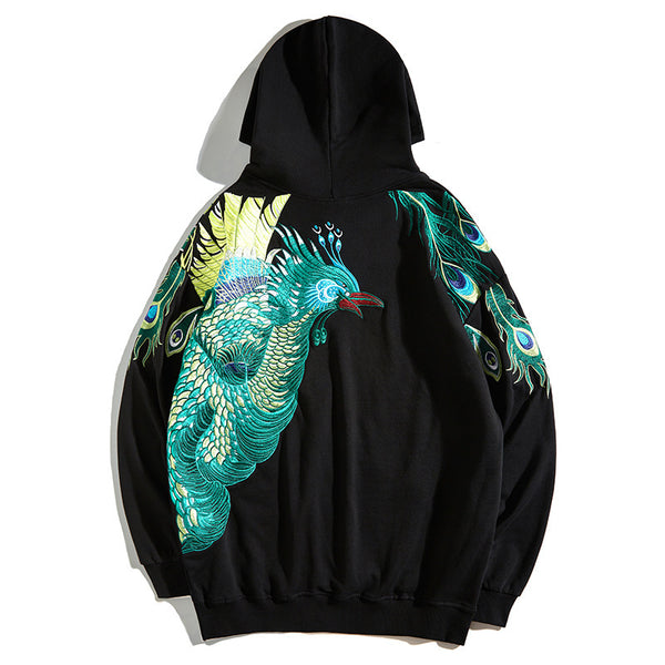 Men's Cotton Hooded Sweater with Peacock Embroidery in White and Black, Asian Sizes M to 3XL. Elevate Your Style!