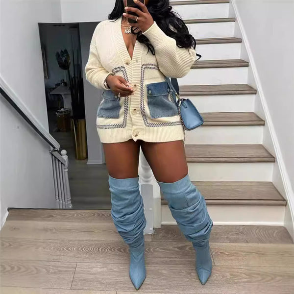 Chic Women's Color-Blocked Loose Sweater in Sophisticated Apricot - Trendy European and American Fashion