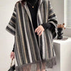 Winter Warmth Ethnic Hooded Shawl Cape - Retro Stripe Pattern & Tassel Detail - Wool Fabric - Versatile & Cozy for Fall & Winter