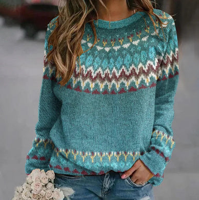 Chic Botanical Print Patchwork Sweater - Cute Pullover Top