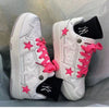 Thick Bottom Board Sports Sneakers - Black & Pink Tennis Shoes with Leather Stitching & Rubber Soles