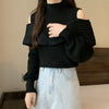 Elegant Korean-Style Half-Turtleneck Sweater in Black/White - Universal Fit, Ruffle Detail