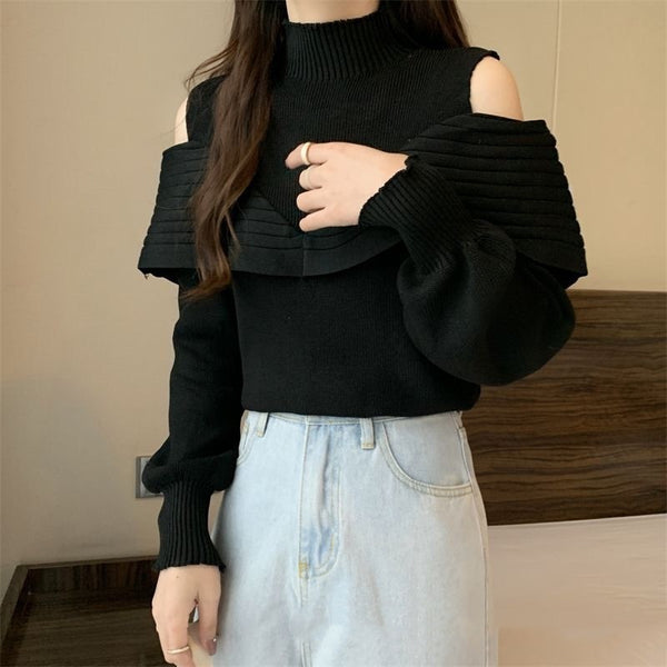 Elegant Korean-Style Half-Turtleneck Sweater in Black/White - Universal Fit, Ruffle Detail