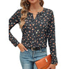 Elegant Floral Print Long Sleeve Top for Women in Black, Slim Fit Style, Polyester Fabric, Regular Sleeves