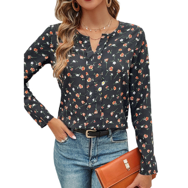 Elegant Floral Print Long Sleeve Top for Women in Black, Slim Fit Style, Polyester Fabric, Regular Sleeves