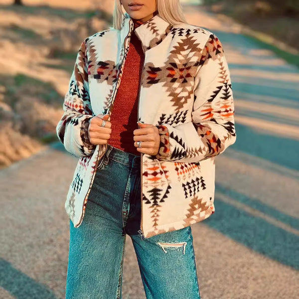 Stylish Western Geometric Print Women's Thermal Jacket in Apricot