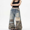 Vintage Camo Patchwork Ripped Denim Jeans in Blue - Mid-Waist, Full-Length, Regular Thickness - Men's Streetwear with Trendy Edgy Style