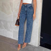 Beaded Cross-Waist Frayed Hem Jeans in Blue denim - Straight-Leg style - Sizes XS to L - Chic and comfortable urban fashion.