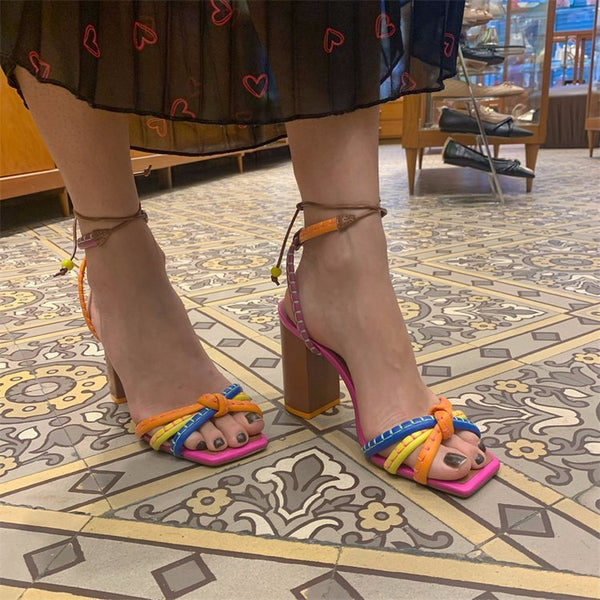 Elegant Roman Inspired High Heel Sandals in Red and Beige - Open Toe Hollow-Out Design - Women's Fashion Footwear
