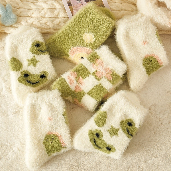 Women's Cozy Mink Fur Animal Sleep Socks in Frog, Dinosaur, Flower, and Duck Designs - Soft and Fun Winter Socks