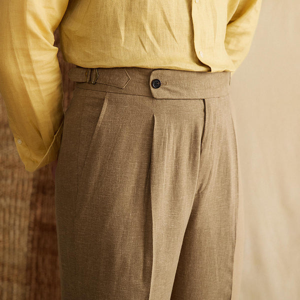 High-Waist Men's Casual Pants in Lyocell Cotton Blend, Khaki and Brown