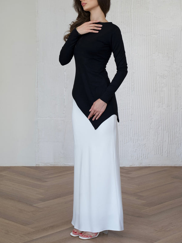 Elegant Black Long-Sleeve Top with Asymmetric Hem, High Elasticity, Polyester, Slim Fit, Chic, Women’s Fashion