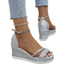 Women's Rhinestone Accent Muffin Heel Sandals in Chic Black - Peep Toe with Rhinestones, Women's Fashion, Summer Footwear.