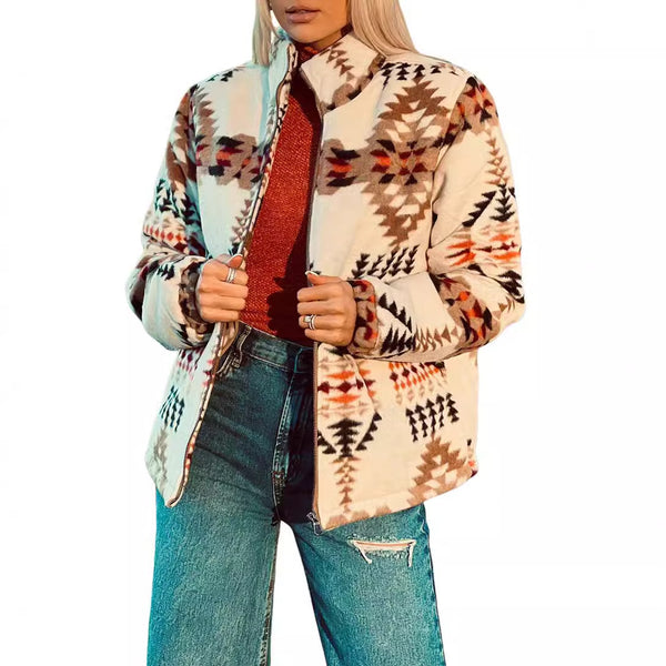 Stylish Western Geometric Print Women's Thermal Jacket in Apricot