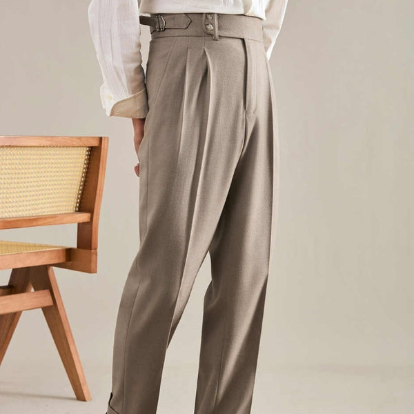 Chic Paris Buckle Suit Trousers for Men – Adjustable Business-Style Fit in Imitation Wool Fabric