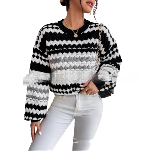 Chic Mid-Length Black & White Striped Knitted Sweater, Casual Style, Women's Fashion, Brushed Cotton Blend