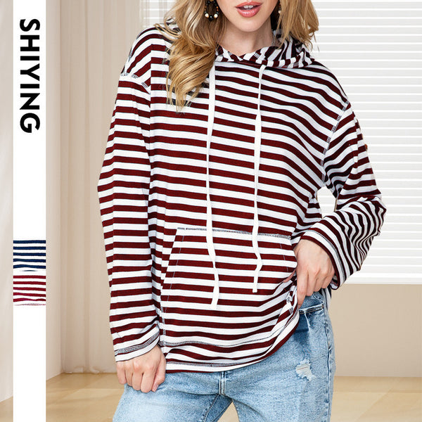 Trendy Shiying Striped Hooded Sweater - Women's Autumn & Winter Fashion, Striped/Red Color, Polyester, Long Sleeve, Street Style.