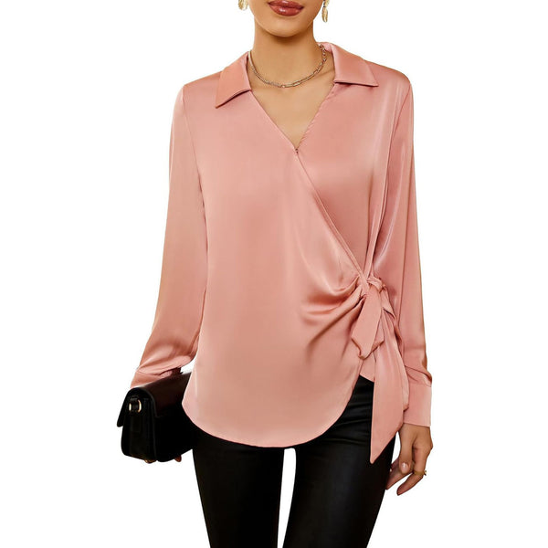 Elegant Lace-up Long Sleeve Shirt for Waist Trimming in Pink Milk Silk - Women's Fashion Statement Top