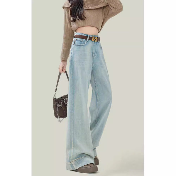 Women's Light Blue High Waist Loose Straight Cut Jeans - Casual Denim Fashion for Women - Vintage Princess Style Comfort