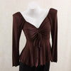 Elegant Chinese Knit V-Neck Drawstring Top in Brown, Dark Gray, Beige - Slim Fit. Chic Women's Casual Wear.
