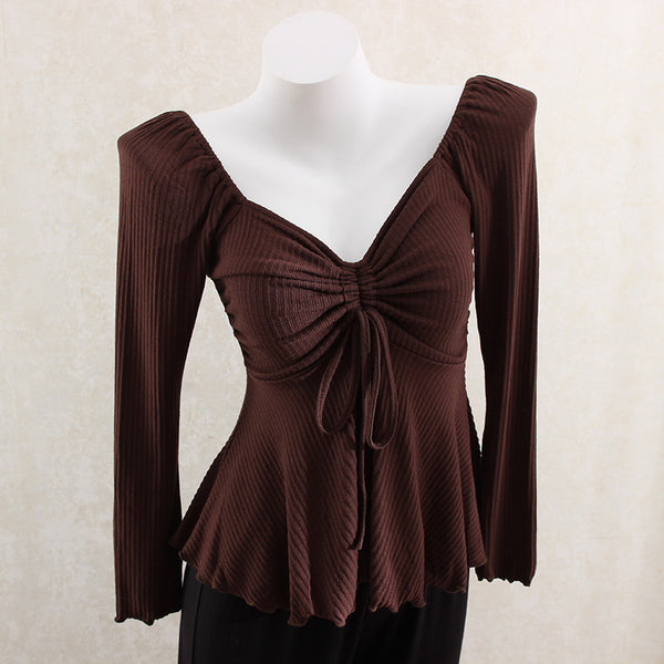 Elegant Chinese Knit V-Neck Drawstring Top in Brown, Dark Gray, Beige - Slim Fit. Chic Women's Casual Wear.