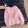 Women's Plush Velvet Cardigan in Cherry Tint, cozy and stylish sweater in pink velvet-like fabric. Perfect for women's fashion.