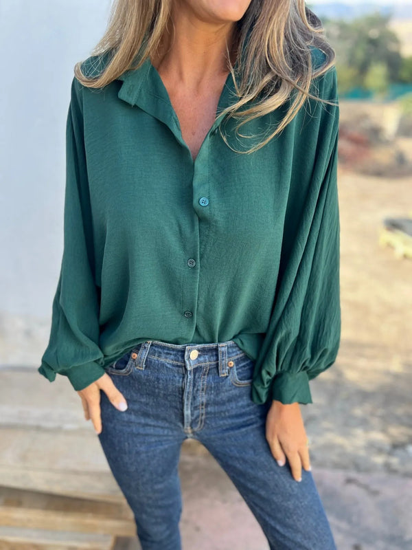 Trendy Button-Up Top in Vibrant Colors, Lantern Sleeves, Polyester Fabric - Women's Fashion Apparels