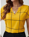 Cozy Plaid Notched Neck Blouse - Polyester Spring & Summer Fashion