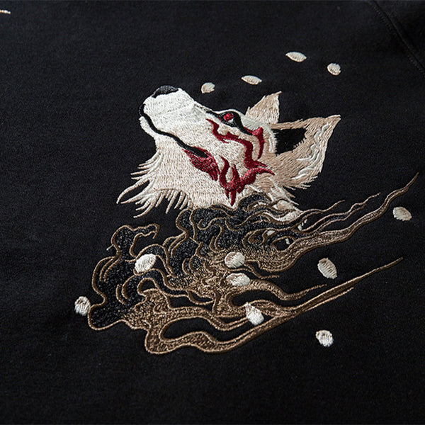 Men's Embroidered Hooded Top with Nine-tail Fox Motif in Classic Black Cotton - Trendy Men's Fashion, Asian Size M-XXXL