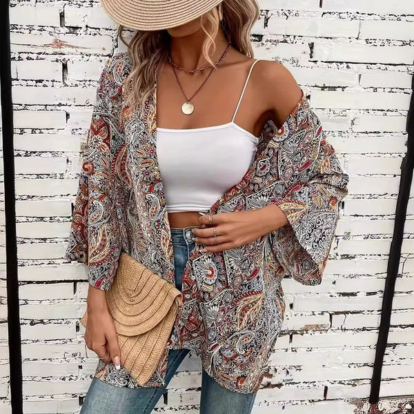 Ethnic Floral Print Bohemian Shirt with Button Detail