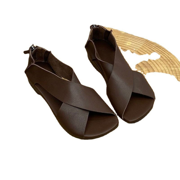 Artistic Handmade Retro Fish Mouth Brown Sandals - Women's Casual Comfortable Elastic Band Handmade Sandals
