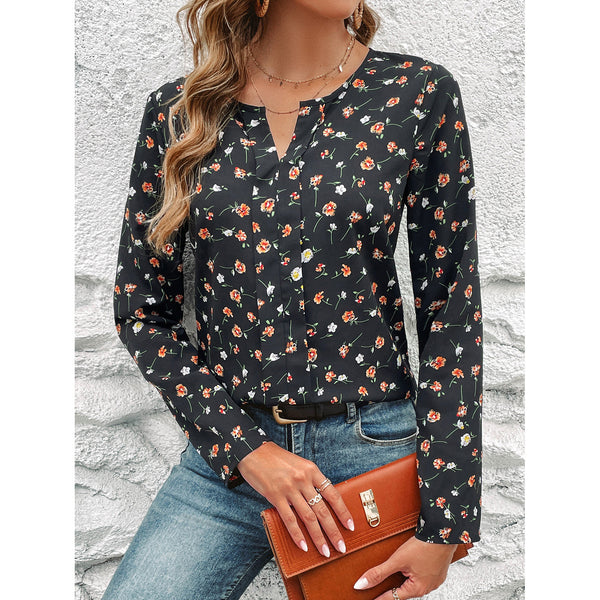 Elegant Floral Print Long Sleeve Top in Black - Women's Slim Fit Polyester Fashion with Flower Pattern