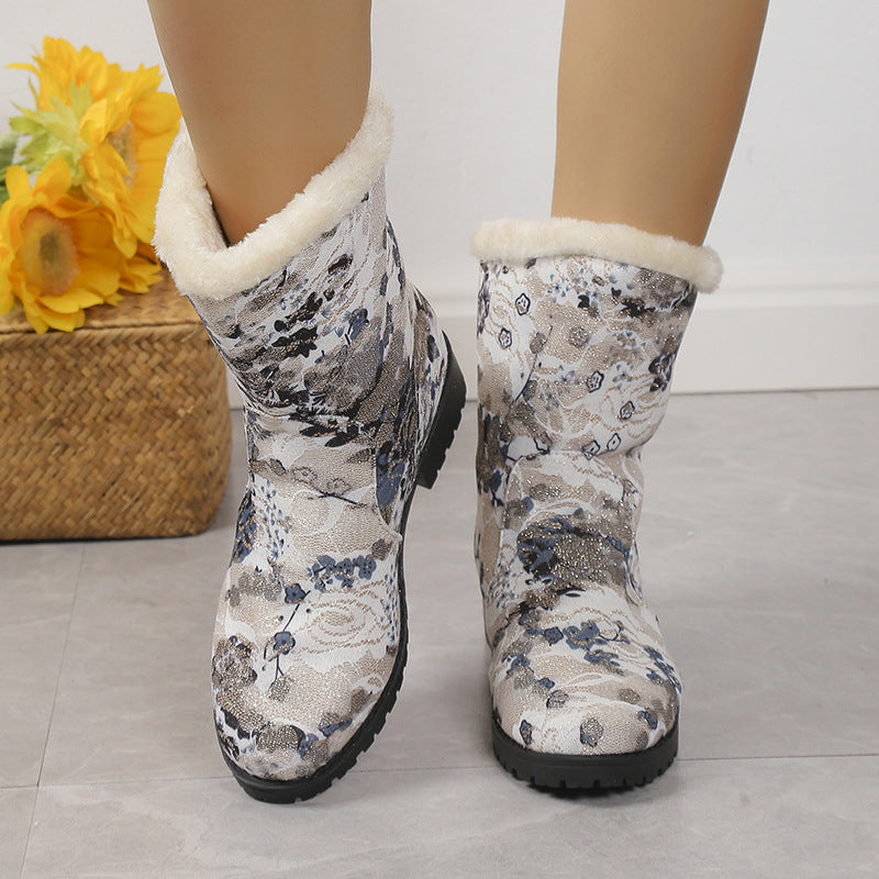 European And American Floral Plus Velvet Snow Boots Women