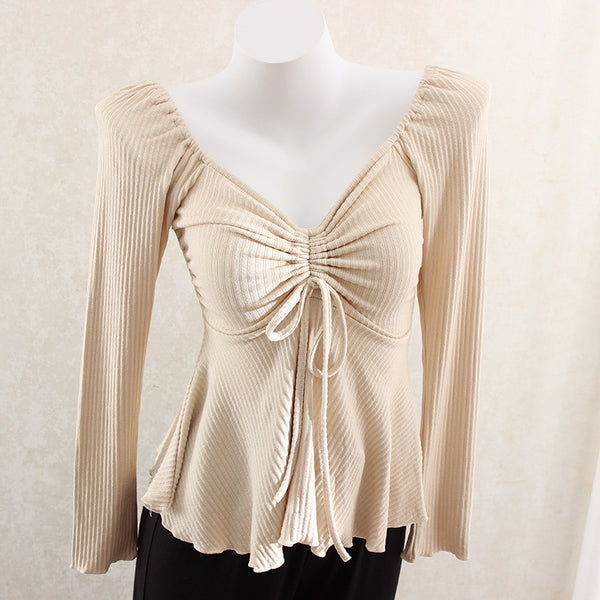 Elegant Chinese Knit V-Neck Drawstring Top in Brown, Dark Gray, Beige - Slim Fit - Women's Fashion.