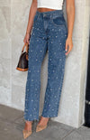 Beaded Cross-Waist Frayed Hem Straight-Leg Blue Jeans for Women