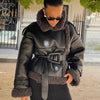 Chic Women's Faux Fur Belted Jacket with PU Leather Trim in S, M, L sizes