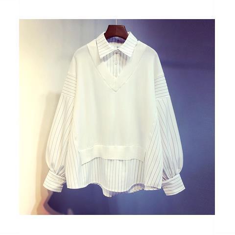 Sophisticated Patchwork Two-Piece Style Shirt, Women's Cotton Top