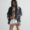 Chic Faux Leather Jacket in Classic Black with 3D Pockets and Stand Collar