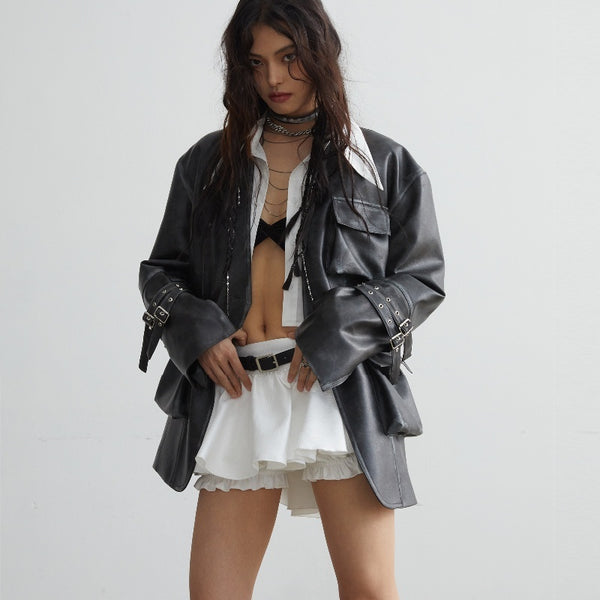 Chic Faux Leather Jacket in Classic Black with 3D Pockets and Stand Collar
